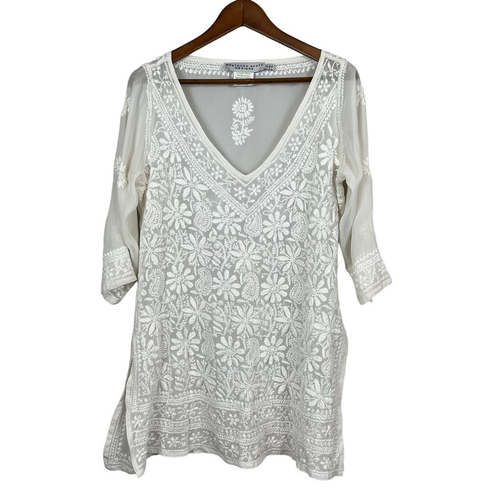 Gretchen Scott Designs Sheer Floral Blouse Tunic 3/4 sleeve V Neck - S